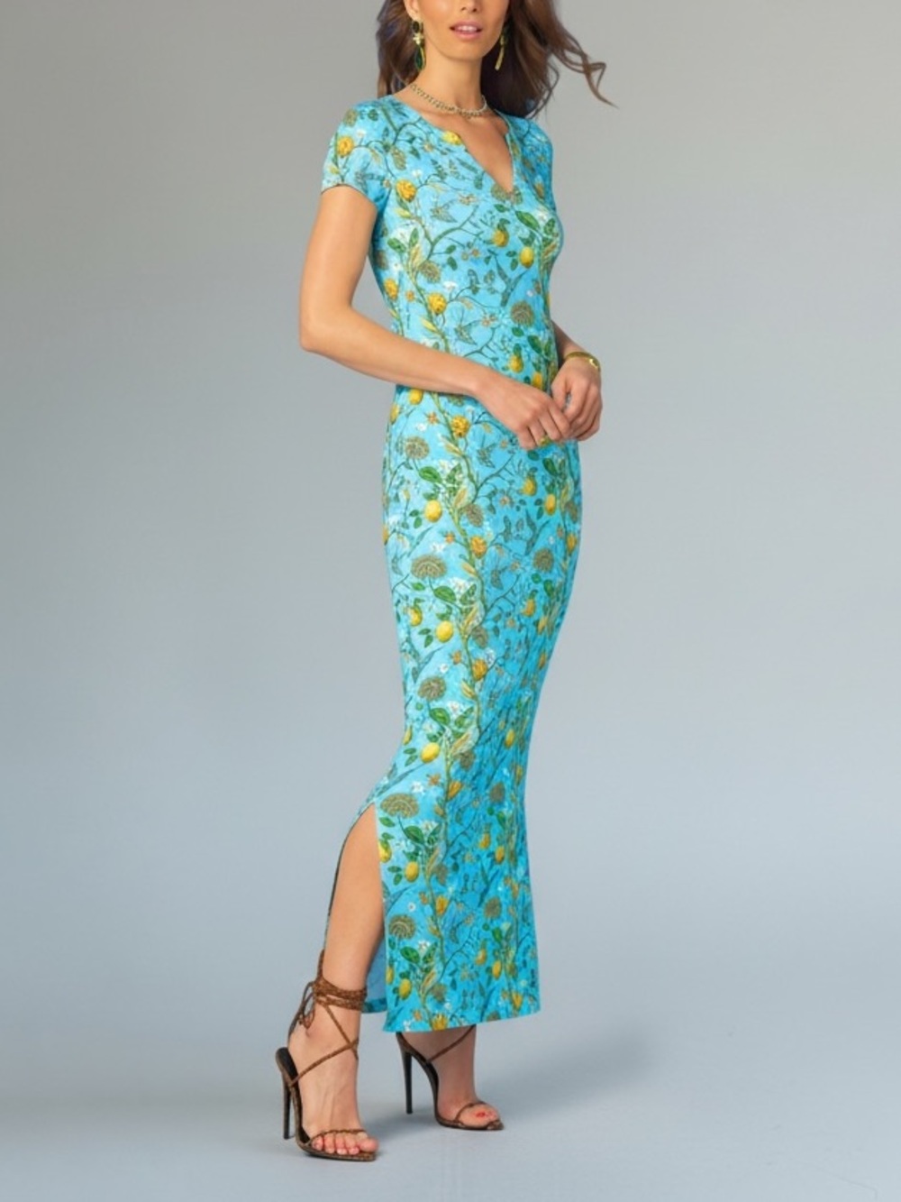 NicoBlu Flora Long Stretch Dress In Turquoise Hummingbird Print Medium - Picture 5 of 10